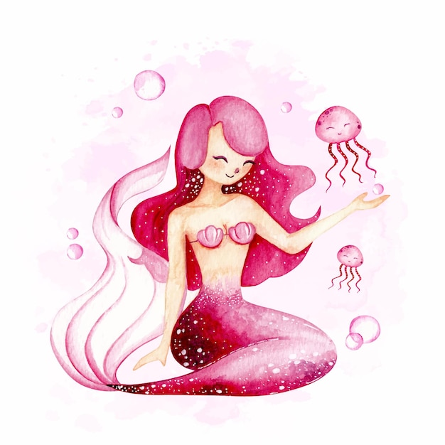 Dibujado A Mano Acuarela Hermosa Sirena Vector Premium