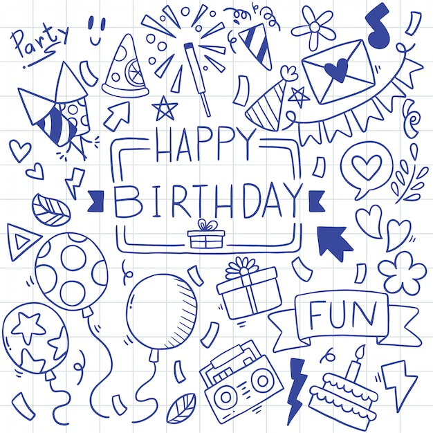 Dibujado A Mano Fiesta Doodle Feliz Cumpleanos Patron Ilustracion Vector Premium