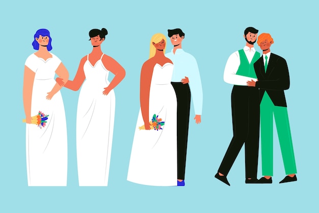 Dibujado a mano grupo de parejas de boda vector gratuito