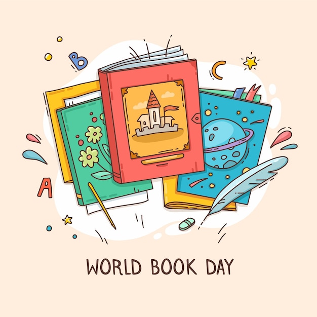 Dibujado a mano ilustración del día mundial del libro Vector Gratis