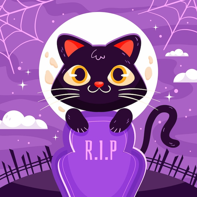 Dibujado a mano ilustración de gato de halloween plano Vector Premium