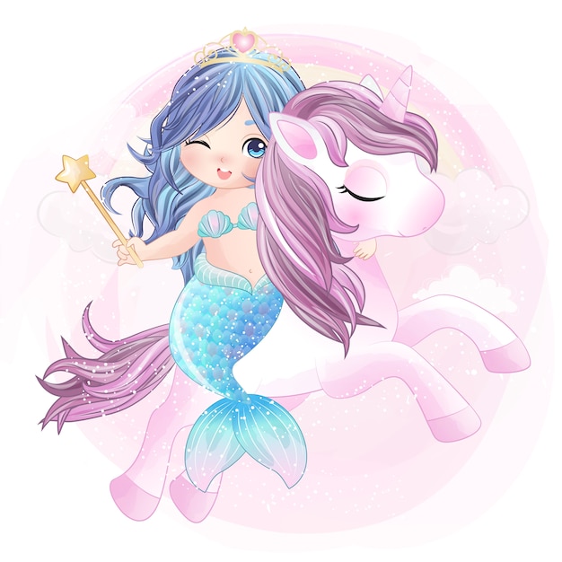 Dibujado A Mano Lindo Unicornio Y Sirena Vector Premium