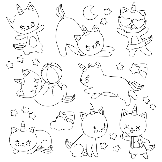 Dibujado A Mano Lindos Gatos Unicornios Voladores Personajes De