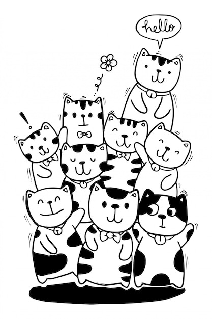 Dibujar A Mano En Blanco Y Negro Estilo De Personajes De Gato
