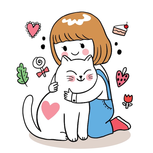 Dibujar A Mano Dibujos Animados Lindo Día De San Valentín Niña Abrazando Gato Vector Premium