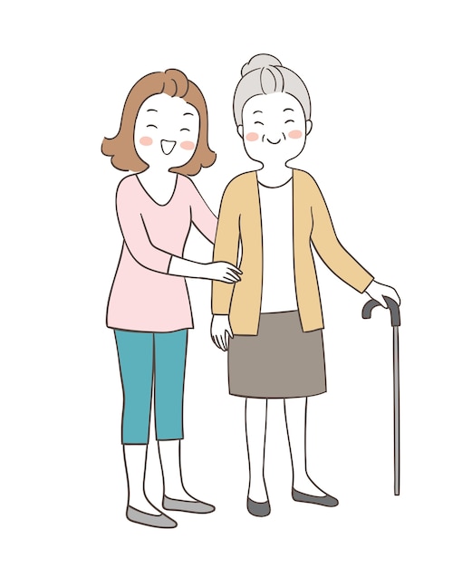 Dibujar personaje mamá ayuda abuela a caminar con bastón | Vector ...