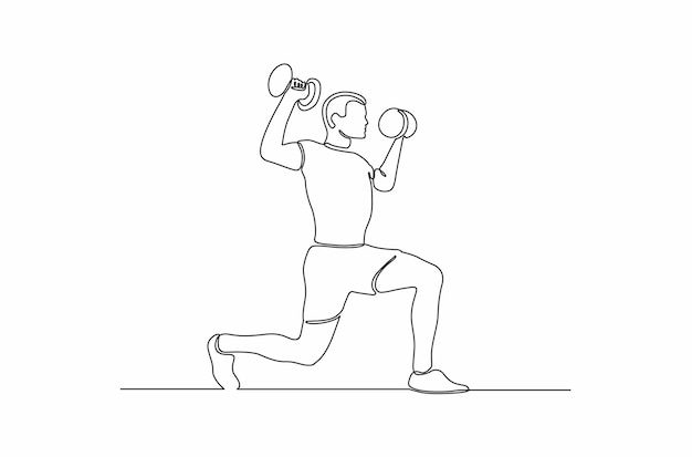 Dibujo de línea continua de un hombre entrenando en el gimnasio