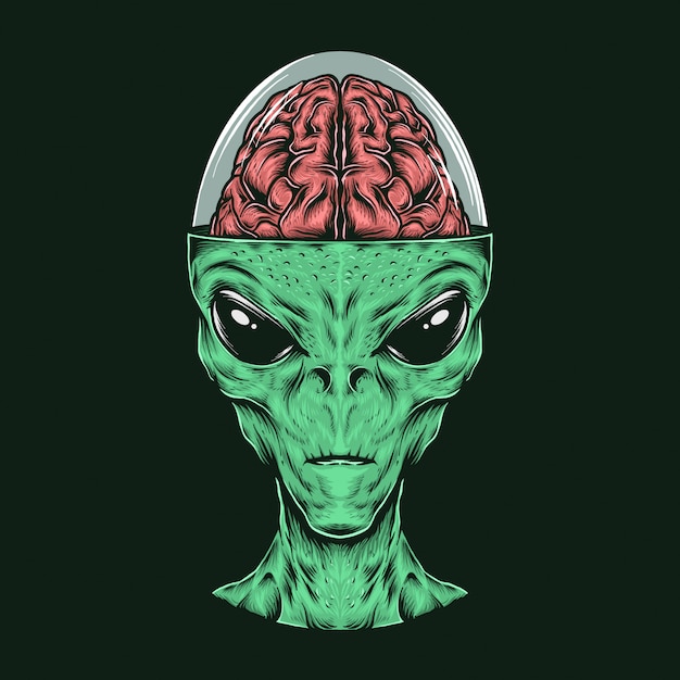 Dibujo A Mano Vintage Alien Cabeza Con Cerebro Ilustracion Vectorial Vector Premium