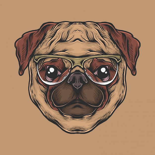 Dibujo a mano vintage pug cabeza con gafas de sol ...