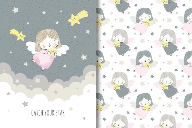 Dibujos Animados De Angelito Con Estrellas Ilustracion Y Patrones