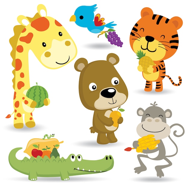 Dibujos Animados De Animales Divertidos Dibujos Animados Con Frutas Vector Premium