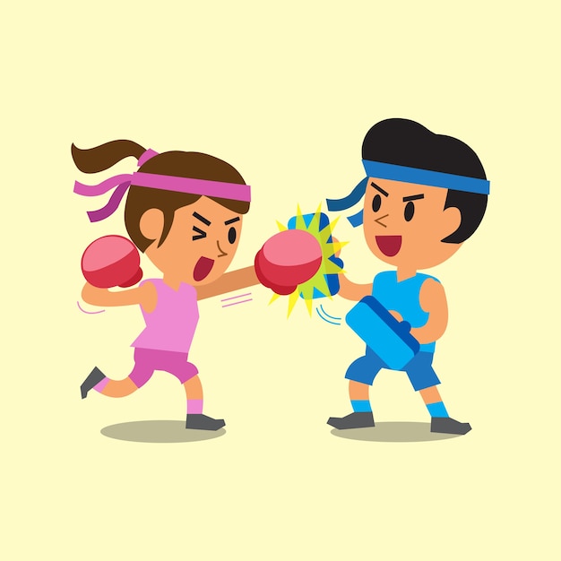 Dibujos Animados Deporte Mujer Y Hombre Haciendo Entrenamiento De Boxeo