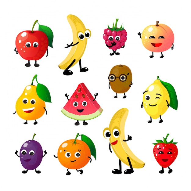 Dibujos Animados De Frutas Divertidas Feliz Manzana Pl Tano Frambuesa