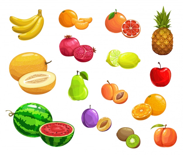 Dibujos animados de frutas naturales maduros iconos de ...