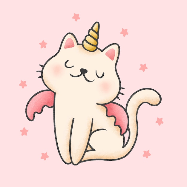 Dibujos Animados De Gato Unicornio Estilo Dibujado A Mano Vector Premium