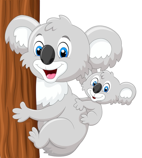 Dibujos Animados Gracioso Koala Bebe En La Madre Abrazando Arbol Vector Premium