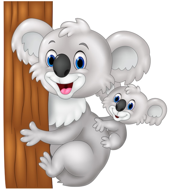 Dibujos Animados Gracioso Koala Bebe En La Madre Abrazando Arbol Vector Premium