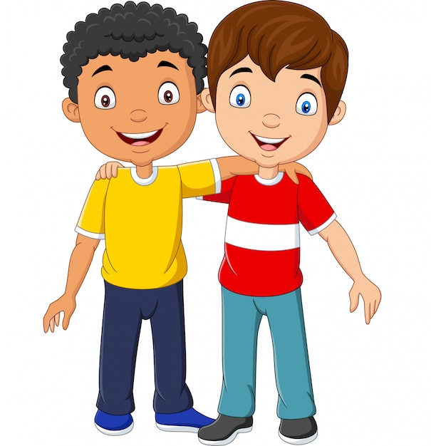 Dibujos animados graciosos dos niños abrazando | Vector Premium
