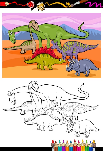 Dibujos animados de grupo de dinosaurios para colorear ...