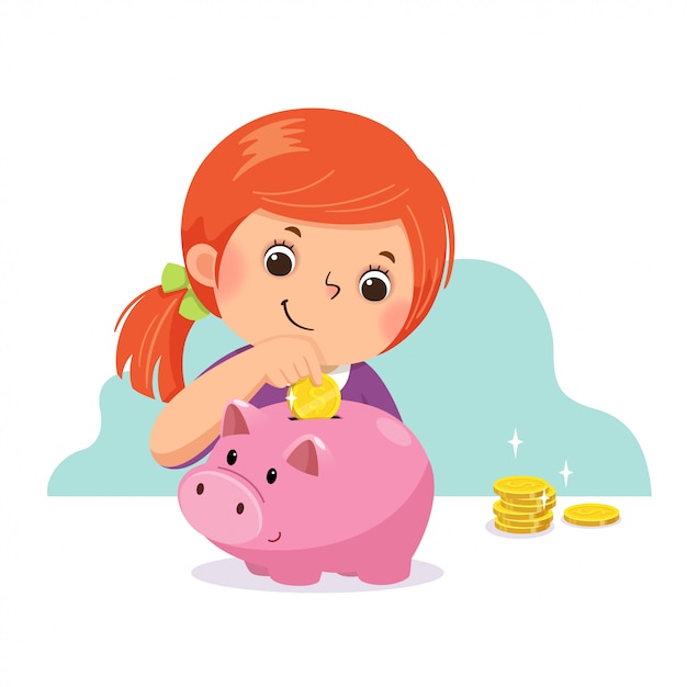 Dibujos animados de ilustración vectorial de una niña poniendo monedas ...
