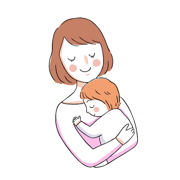 Dibujos Animados Linda Madre Y Bebe Abrazando Vector Premium