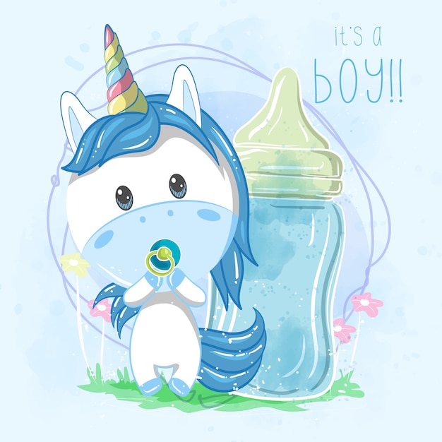 Dibujos animados lindo chico unicornio con biberón - vector Vector Premium