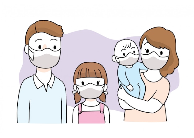 Dibujos animados lindo coronavirus, covid-19, familia y máscara Vector Premium 