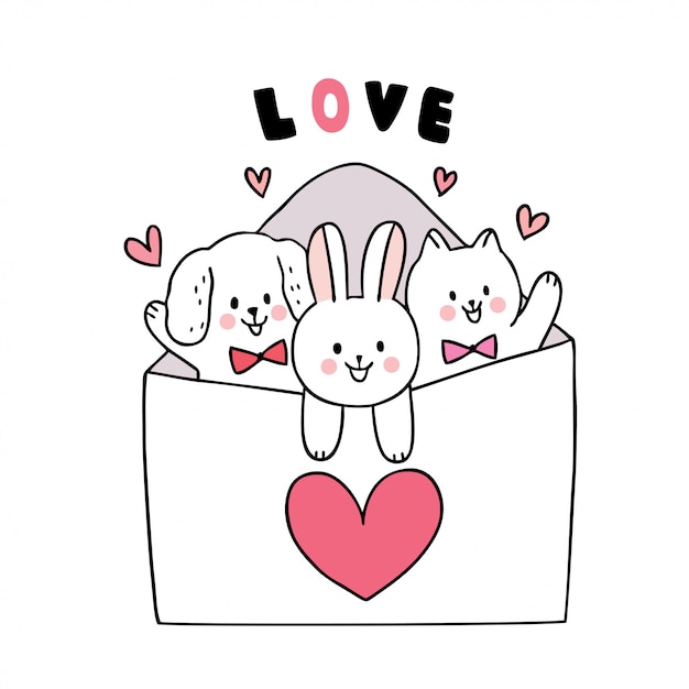 Dibujos animados lindo día de san valentín gato y perro y conejo y ...