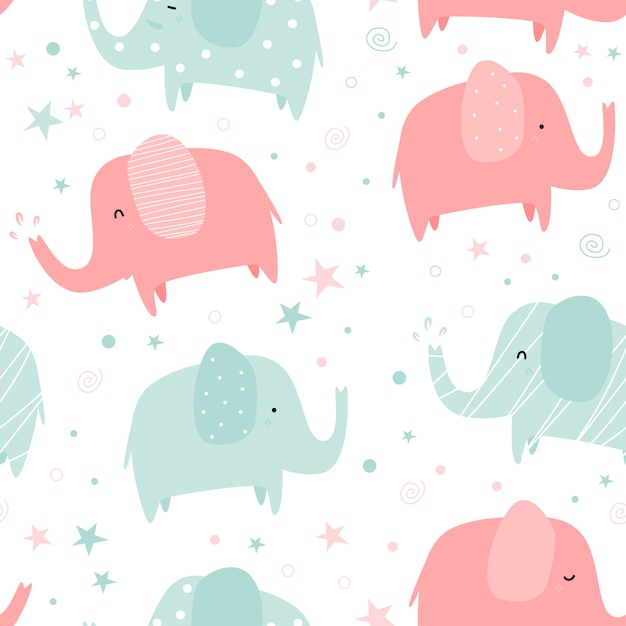 Dibujos animados lindo elefante pastel doodle de patrones sin fisuras Vector Premium