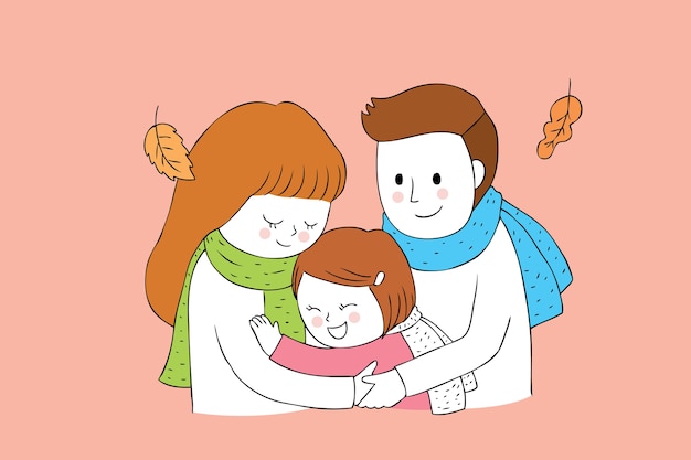 Dibujos Animados Lindo Otoño Familia Abrazos Vector Vector Premium