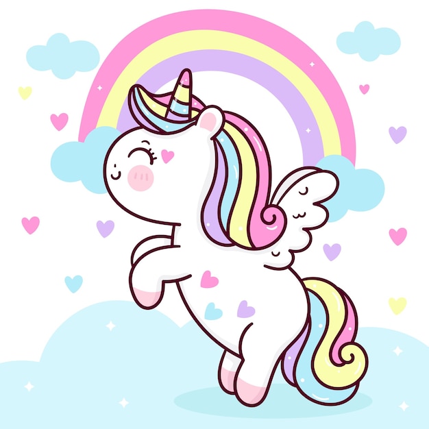 Dibujos Animados Lindo Unicornio Pegaso Volar En El Cielo Con Arco Iris Y Corazon Animal Kawaii Vector Premium