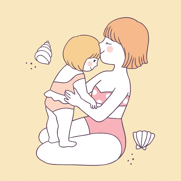 Dibujos Animados Lindo Verano Mama E Hija Vector Premium