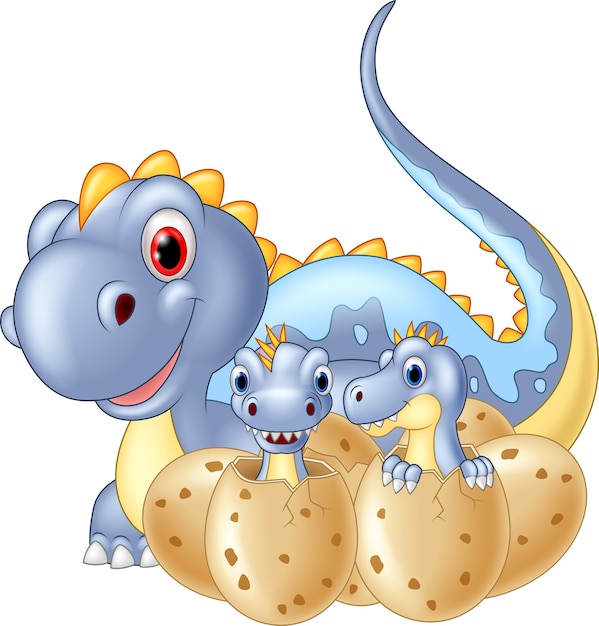 Dibujos Animados Mama Dinosaurio Y Bebe Dinosaurios Eclosion Vector Premium