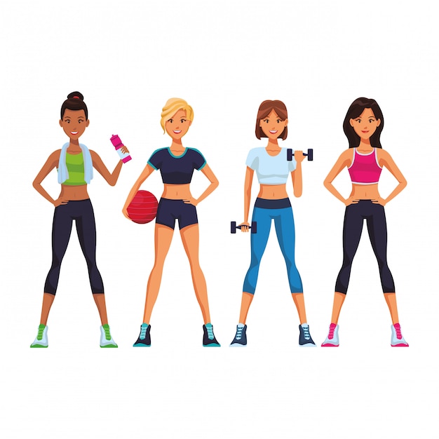 Dibujos Animados De Mujeres De Fitness Vector Premium