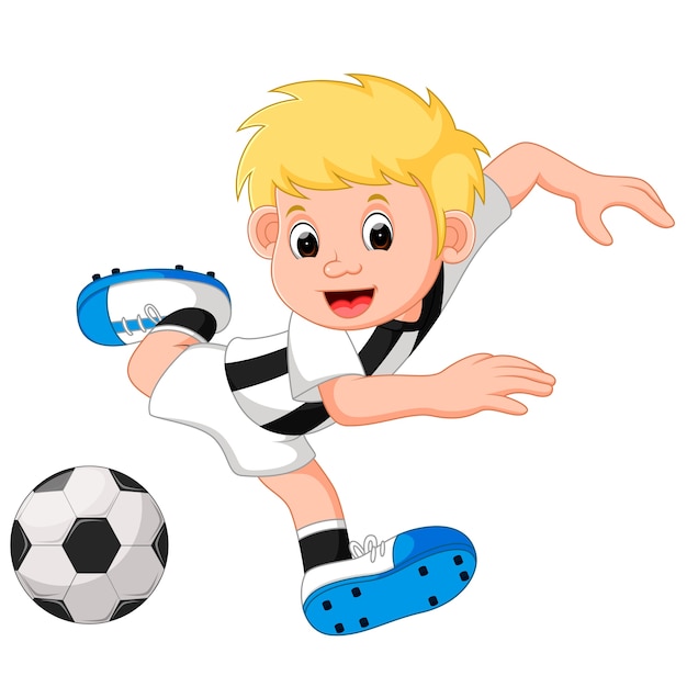Dibujos animados de niño feliz jugando fútbol | Vector Premium