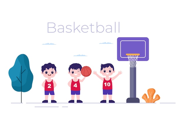 Dibujos Animados De Niños Felices Jugando Baloncesto Ilustración De Diseño Plano Con Uniforme De 4443