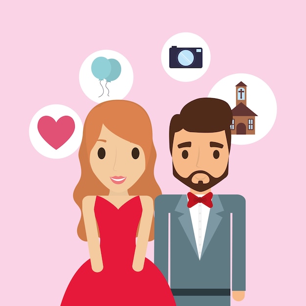 Dibujos animados de novios con iconos relacionados | Vector Premium