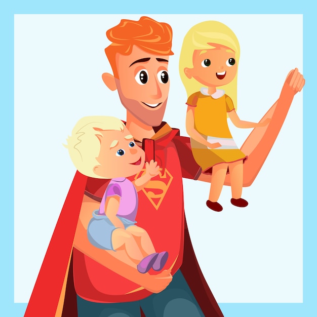 Dibujos Animados Padre Jugar Superheroe Con Hijo Hija Vector Premium