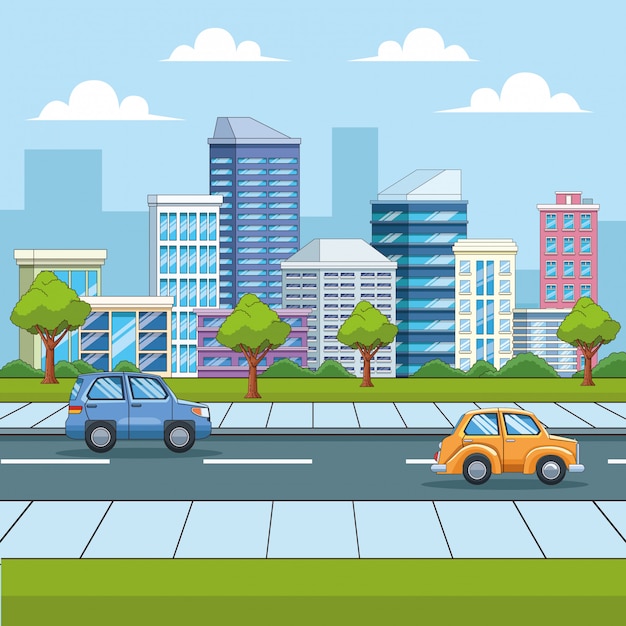 Dibujos animados de paisajes urbanos de ciudades y automóviles | Vector  Premium