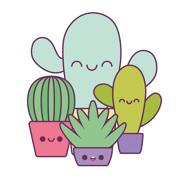 Dibujos Animados De Plantas De Cactus Kawaii Vector Premium