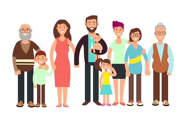 Dibujos Animados Sonriendo Familia Feliz Abuelo Y Abuela Papa Mama Y Ninos Vector Ilustracion Vector Premium