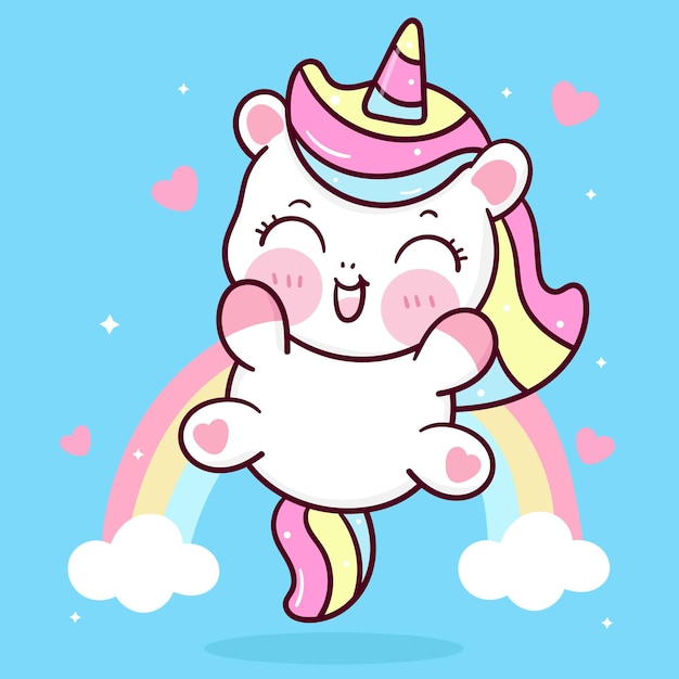 Dibujos Animados De Unicornio Lindo Saltar En El Aire Con Animal Kawaii Arcoiris Vector Premium