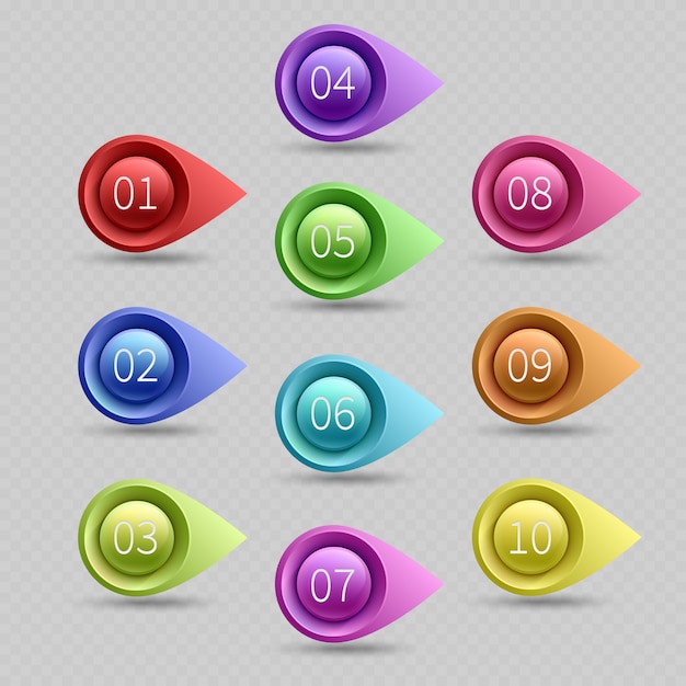 Diez puntos de bala color con colección de vectores de números. ilustración de la flecha de punto de bala web Vector Premium