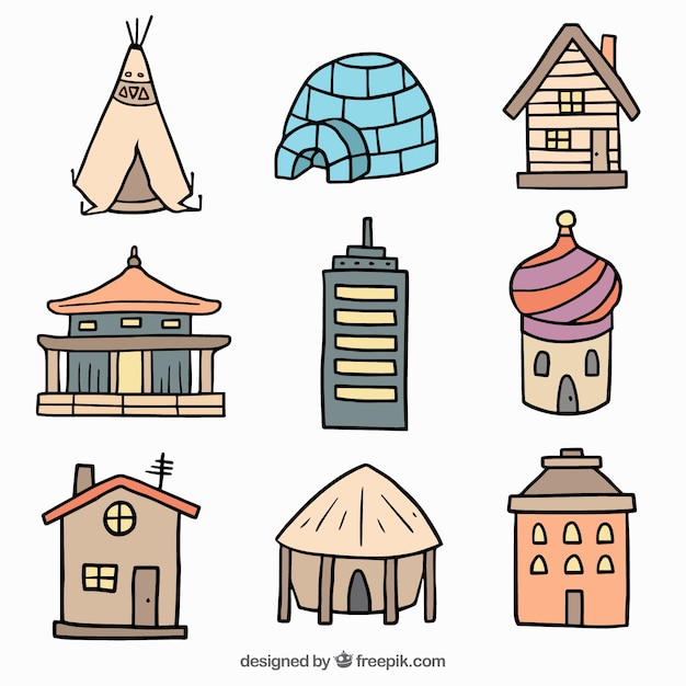 Diferentes casas del mundo dibujadas a mano | Vector Gratis