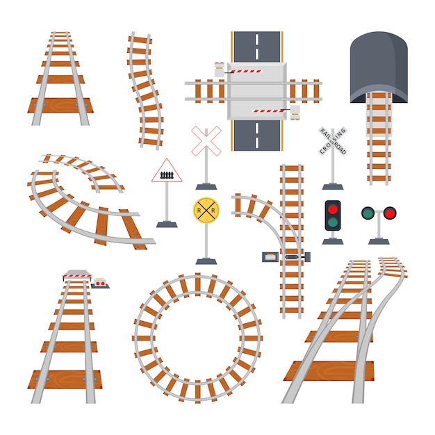 Diferentes elementos estructurales del ferrocarril. colección de vectores en estilo de dibujos animados Vector Premium
