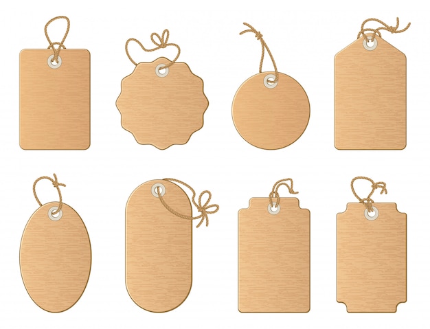 Vector Premium Diferentes Etiquetas Vacias De La Tienda Con Cinta De Lino O Cordon De Nudo Ilustraciones De Dibujos Animados Vector Conjunto Aislar O
