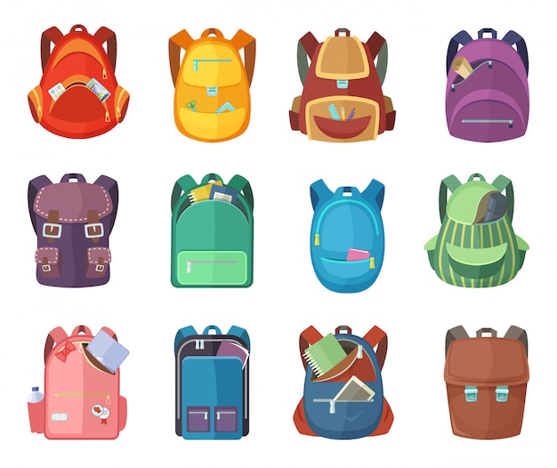 Diferentes Mochilas En Estilo De Dibujos Animados Aislar Sobre Fondo ...