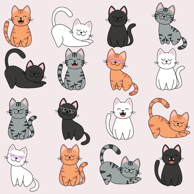 Diferentes Personajes De Dibujos Animados Gato Poses Y Emociones