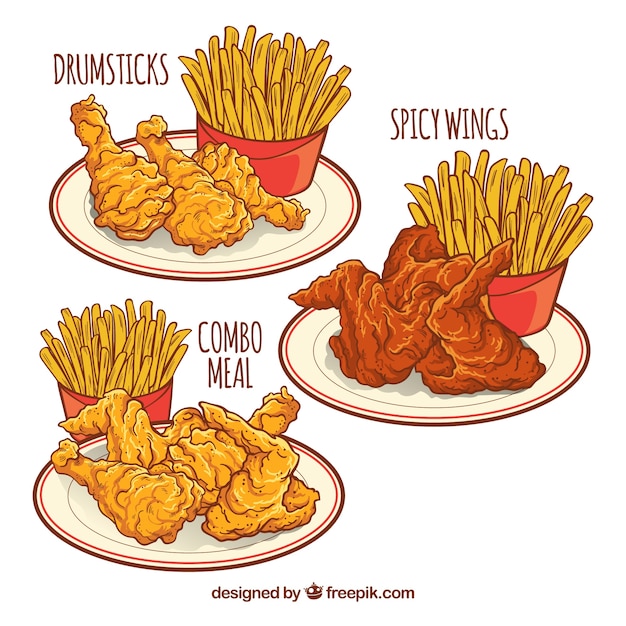 Diferentes Platos Con Pollo Frito Y Patatas Vector Gratis 