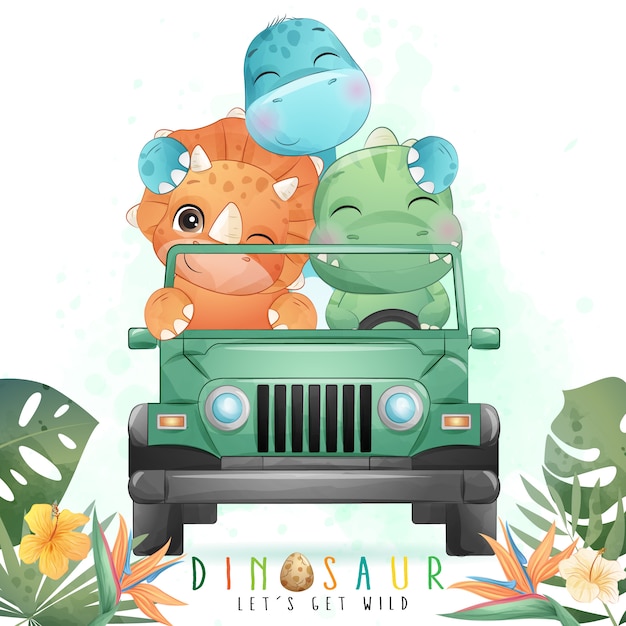 Dinosaurio lindo conduciendo un automóvil con ilustración acuarela | Vector Premium
